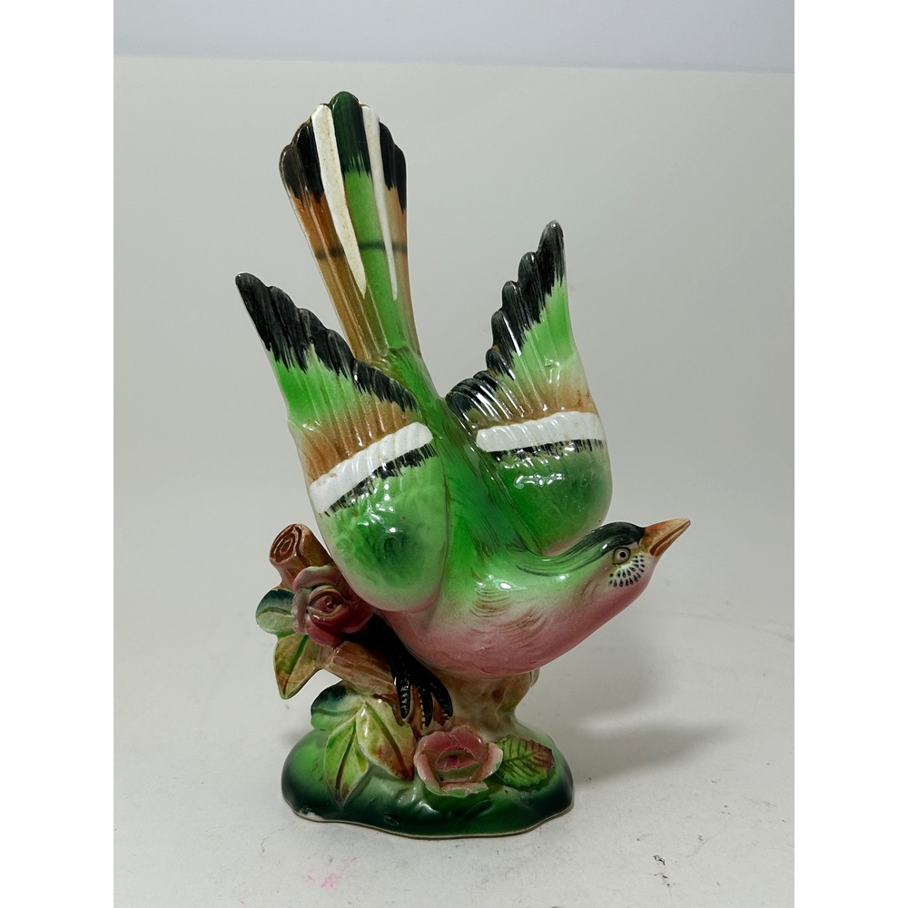 Vintage Maso Shafford Ware Japan Ceramic Bird Figurine Green Pink Roses 8.5in